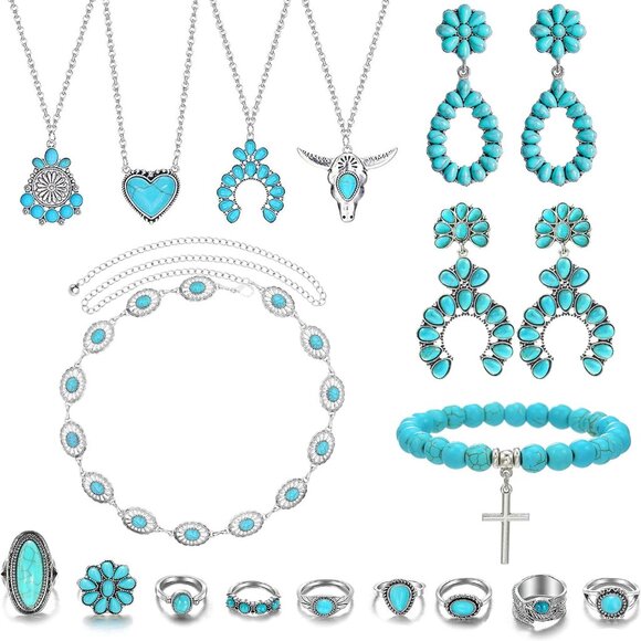 Western Turquoise Jewelry Set for Women Boho Rings Necklaces Earrings Bracelets - Picture 1 of 9